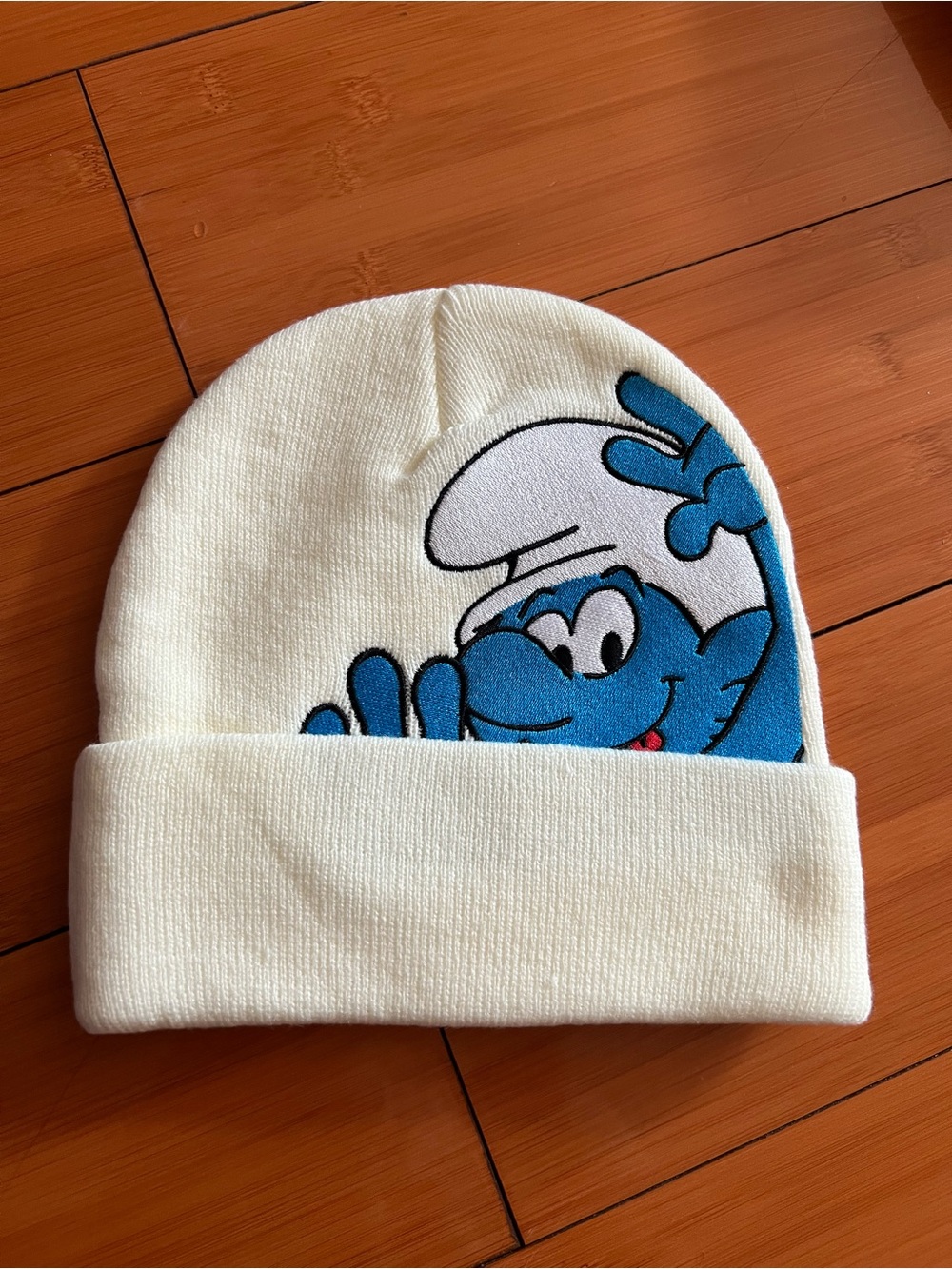 Supreme Cream Beanie with Blue Cartoon Graphic